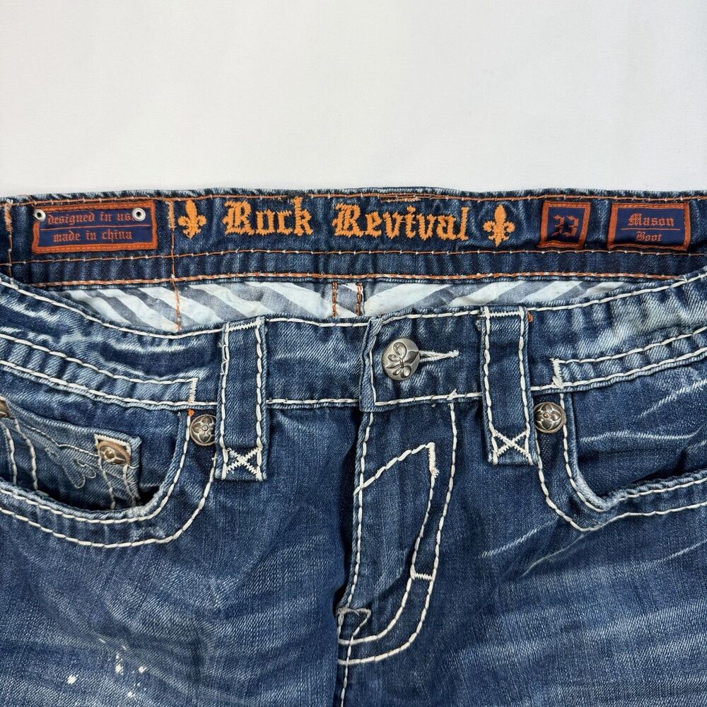 Rock Revival Mason Jeans Sz 33 Blue Distressed Bootcut Denim Y2K Grunge Festival - Picture 6 of 13